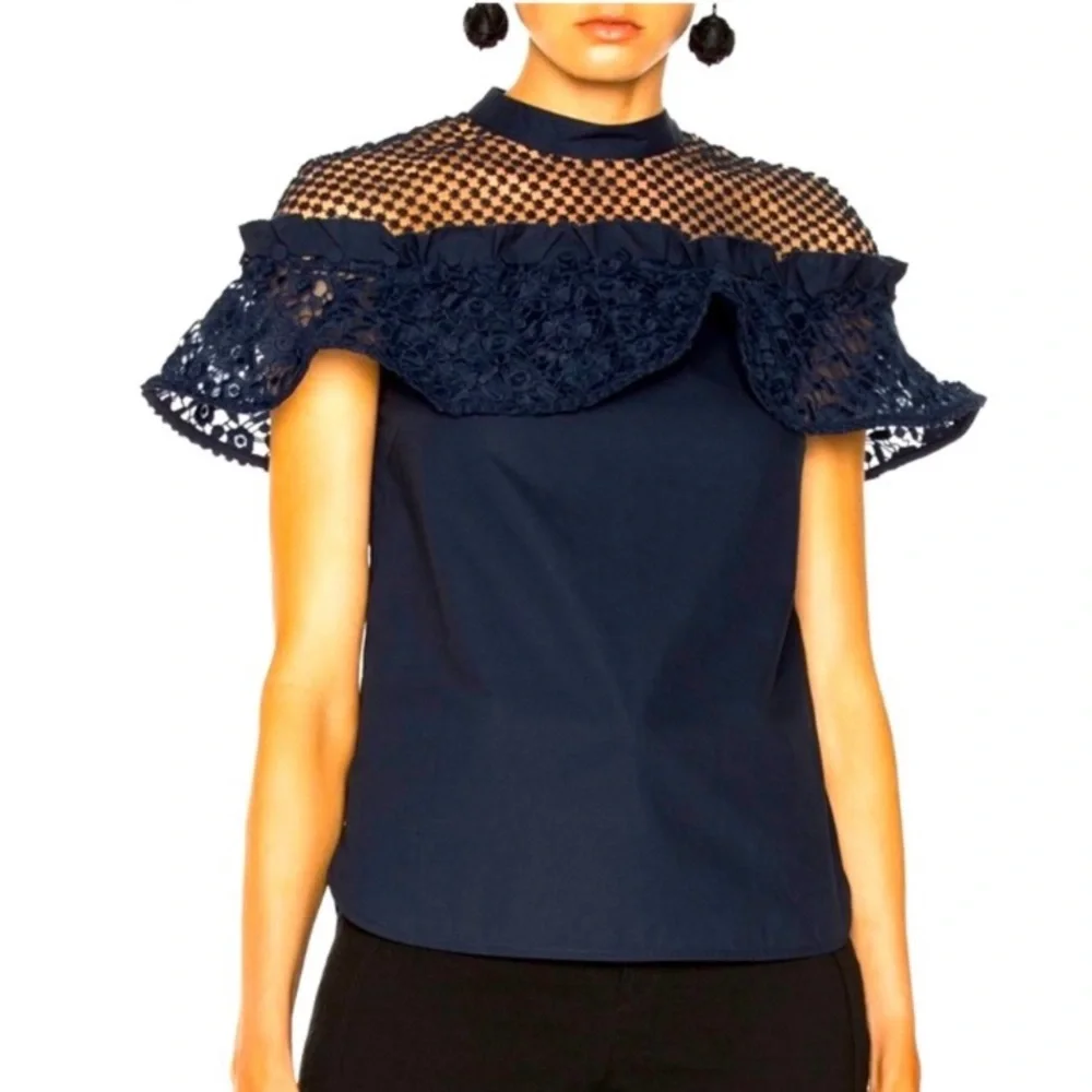 Self-Portrait Navy Lace Blouse - Picture 1 of 9
